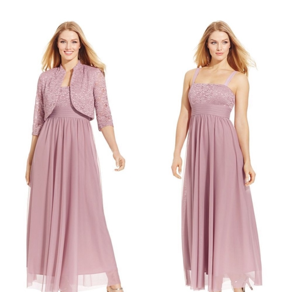 New! R&M RICHARDS 2-Piece Glittered Lace Dress & Jacket Set Size 14 Color Mauve
